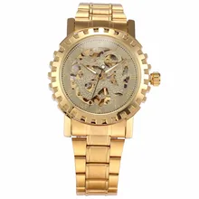 WINNER Gold Tone Roman Automatic Dragon Dial Mens Skeleton Steampunk Mechanical Movement Wrist Watch Relogio Masculino
