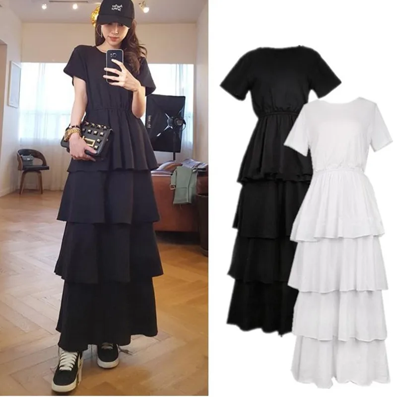 

2019 summer fashion New preppy style Women high waist Cake Short Sleeve slim Long Dress