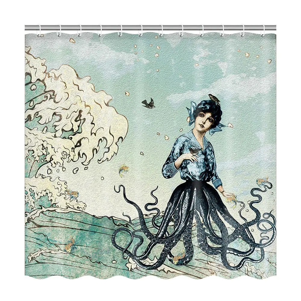

Mermaid Octopus In Great Wave Customize Waterproof Polyester Fabric Bathroom Shower Curtain