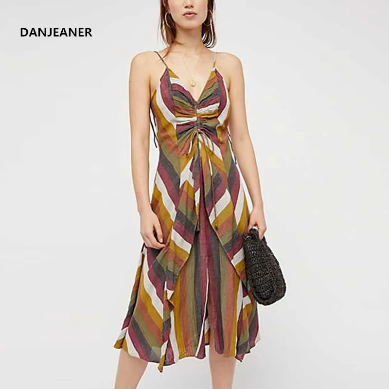 

DANJEANER Off Shoulder Retro Striped Party Dress Women Classic Spaghetti Strap Sleeveless Asymmetrical Summer Dress Plus Size
