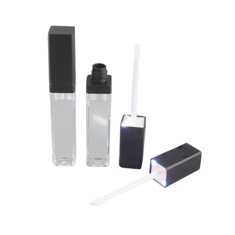 

50pcs/lot, 7ml LED light lip gloss bottle container tube with mirror attached on one face, black and silver cap