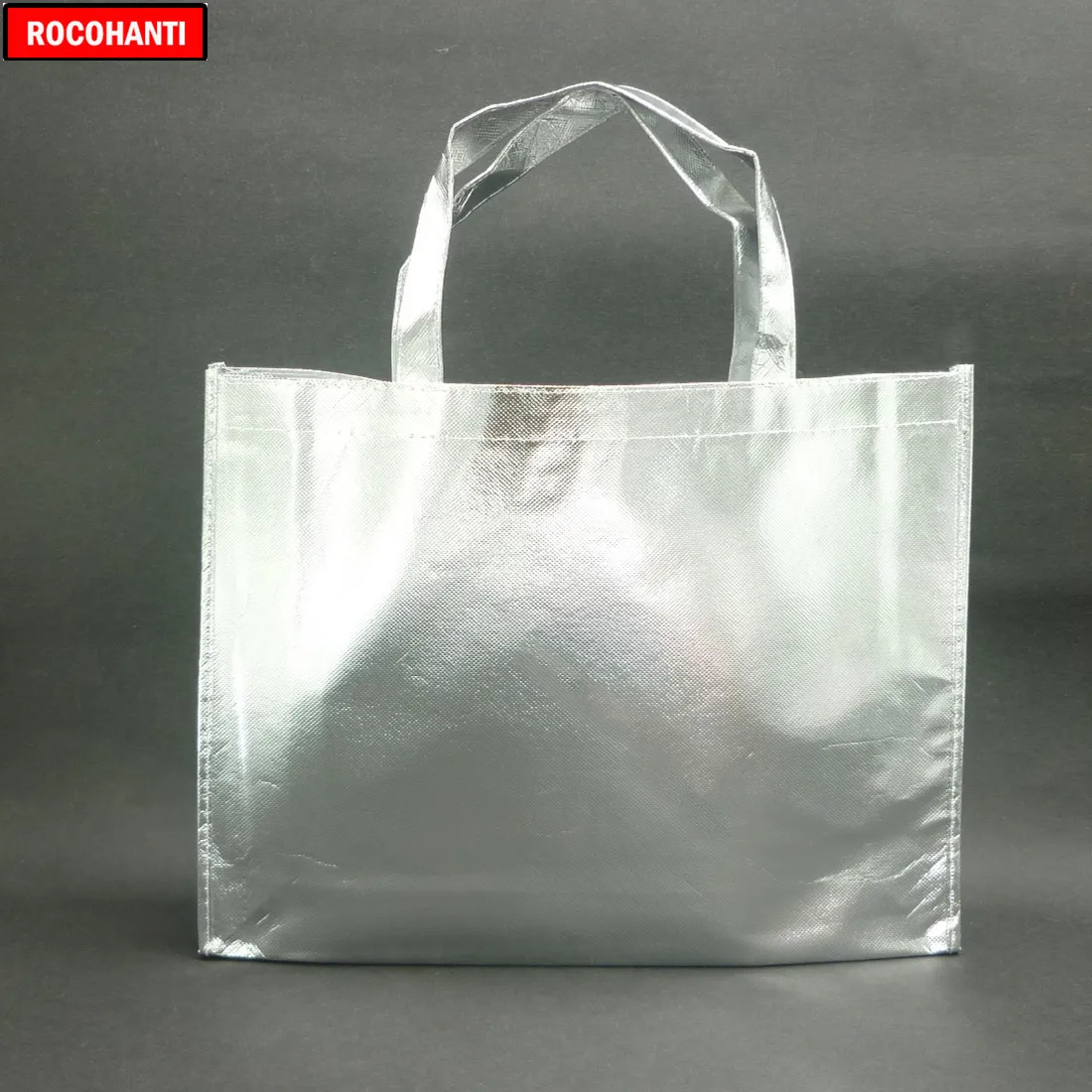 

10Pieces Customized Laser Film Laminated Metallic Sewed Non Woven Shopping Tote Bag Silver Color