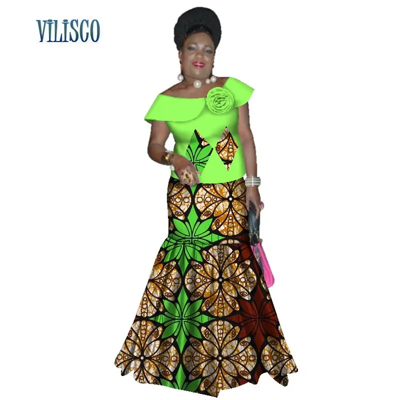 Bazin Riche, африканские топы с оборками и рукавами и юбки, комплекты для женщин, традиционный Африканский принт, 2 шт., комплекты юбок, одежда WY3059 - Цвет: 14