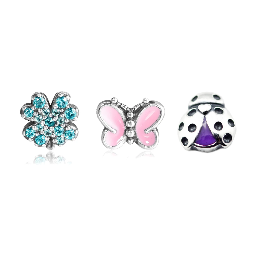 

CKK Silver 925 Jewelry Green Lucky Four-Leaf Clover Pink Butterfly & Ladybug Charms Fits Floating Lock Pendant