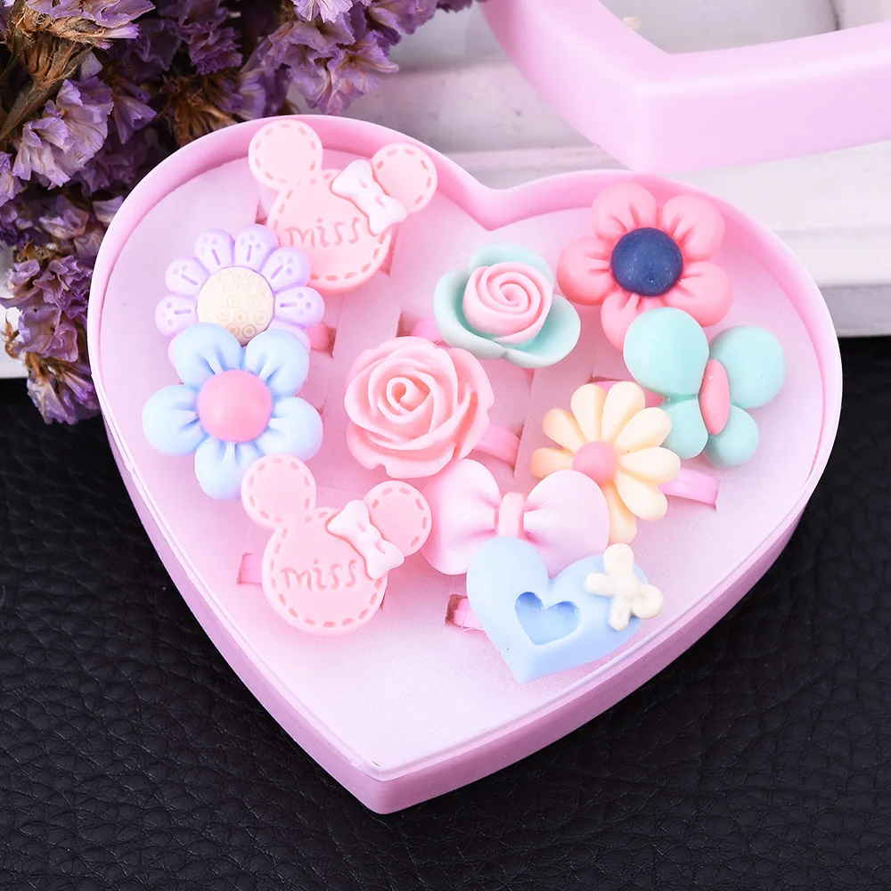 Wholesale 12pcs Mix Lot Cartoon Flower Assorted Resin Plastic Pink Baby Kids Girl Children's Rings With Heart Box Gift Jewelry