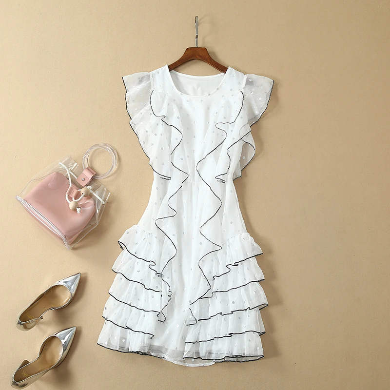 

2019 Autumn White Ruffled Dress Women High Quality Fashion Short Sleeve Above Knee Mini Cute Dress