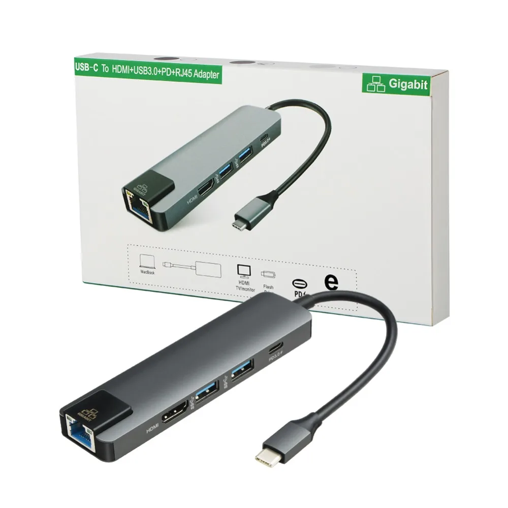 Многофункциональный 5 в 1 type C к HDMI концентратор адаптер с 3 USB 3,0 type C RJ45 Lan порт новое поступление