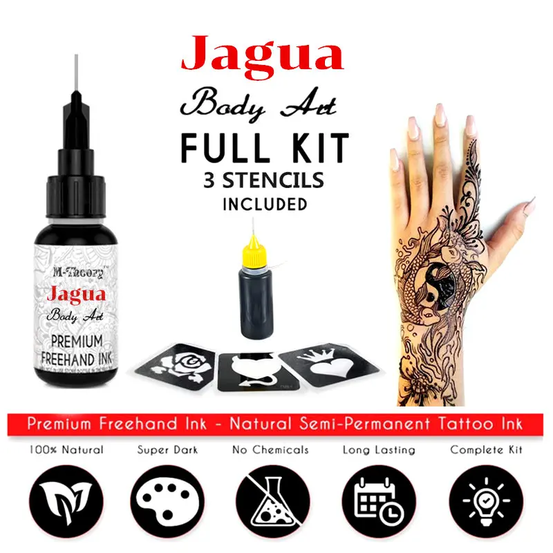 

Premium Freehand Temporary Tattoo Body Paint Kit, with 3 Stenicls, Natural & Long Lasting (Organic Jagua fruit Based Gel) 10ml