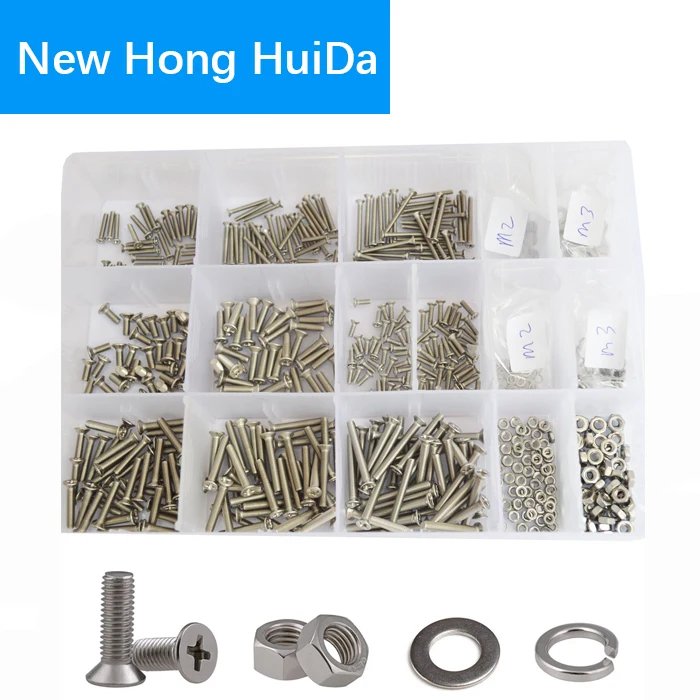 

M2 M3 Flat Head Machine Phillips Cross Metric Countersunk Screw Nuts Flat Lock Washer Assortment Kit 304Stainless Steel,800Pcs
