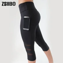 Gymshark Women Legging Ptachwork Mesh Black Capri Leggings Plus Size Sexy Fitness Sporting Pants with Pocket Mid-Calf Trousers