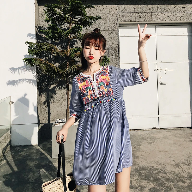 

MUMUZI Summer Dress Women New 2019 Fashion striped Print Cute Party Dress Embroidery Flower Casual Cotton Dresses Vestidos