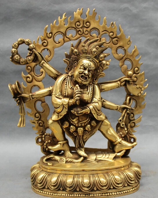 

song voge gem S4824 11" Tibet Brass Buddhism Joss Protect 6 Arms Mahakala Buddha Statue Sculpture