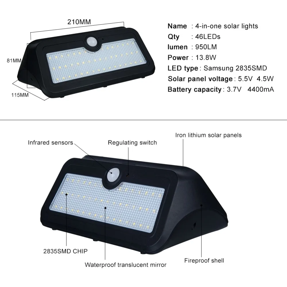 46 светодиодный светильник на солнечной батарее, уличный водонепроницаемый 950лм, PIR датчик движения, солнечная энергия, светодиодный светильник для сада, дорожка для двора, аварийная настенная лампа