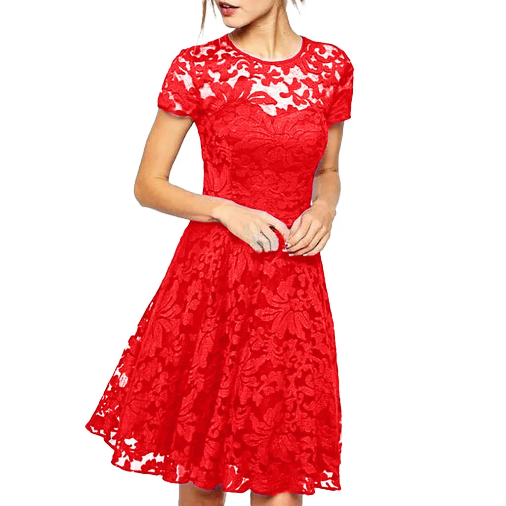 Сексуальные женские кружевные платья с цветочным рисунком, украинские вечерние платья с коротким рукавом, повседневные однотонные платья синего, красного, черного цвета размера плюс S-5XL - Цвет: Red
