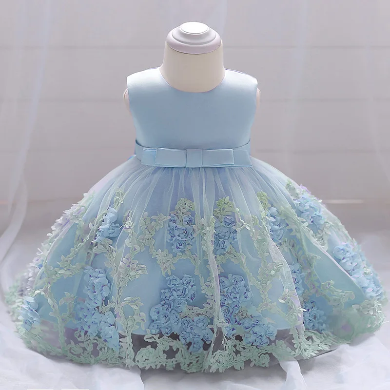

New Newborn Dresses for 1 Year Birthday Sky Blue Flower Princess Lace Party Dress Baby Girls Clothes Kids Vestido Infantil 6C11A