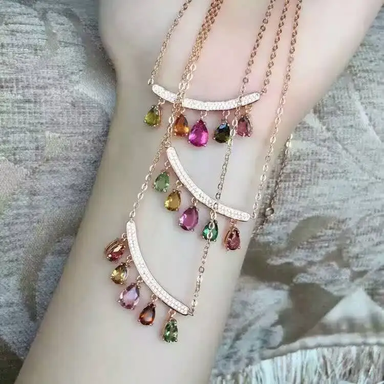  Collier naturel multicolore tourmaline collier pendentif en pierres précieuses naturelles S925 arge