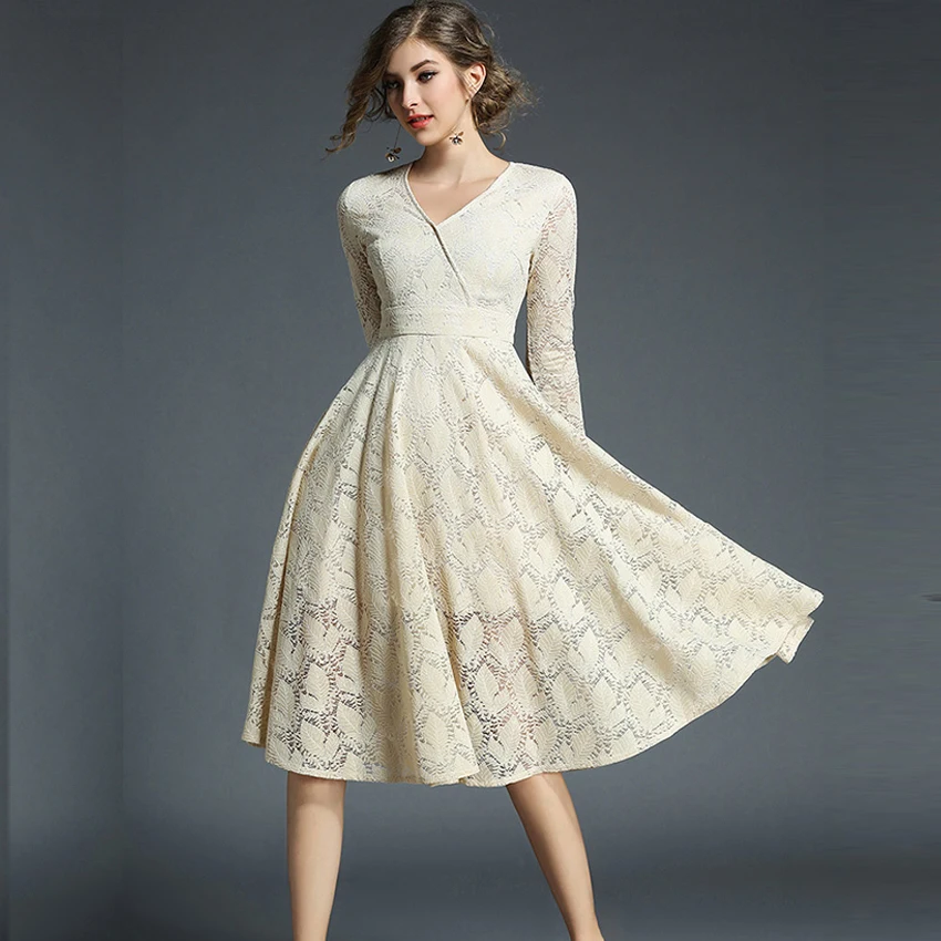 

High Street Spring summer Elegant Hollow out Lace A-Line long Dress Women yellow Vintage Slim Sexy Party Casual Dresses Vestidos
