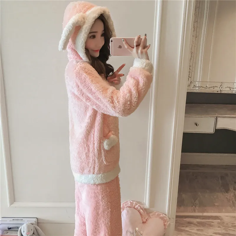 Women Pajamas Winter Autumn Flannel Suits Cartoon Sleeping Clothes Two Piece Zipper Hooded Warm Nightys 2018 Female Pajama JW304 (10)