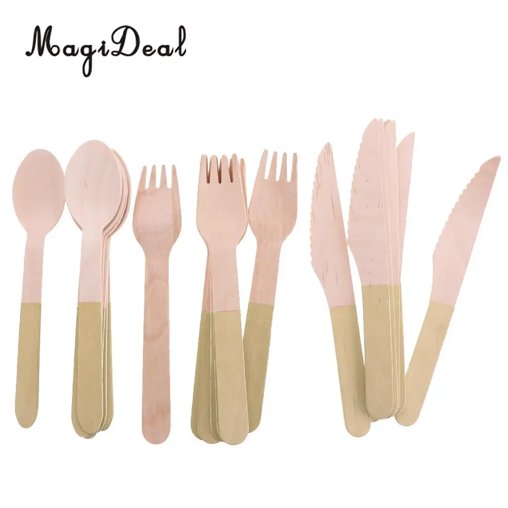 24pcs/Set Disposable Wooden Utensil Forks Spoons Knives Cutlery Set Wedding Birthday Party Tableware Serveware