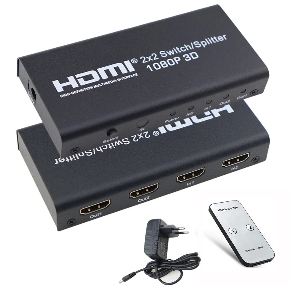 2X2 HDMI сплиттер коммутатор 2 в 2 Выход HDMI переключатель коробка с ИК-пультом и адаптером питания Поддержка 3D 1080P для HDTV PC PS3/PS4