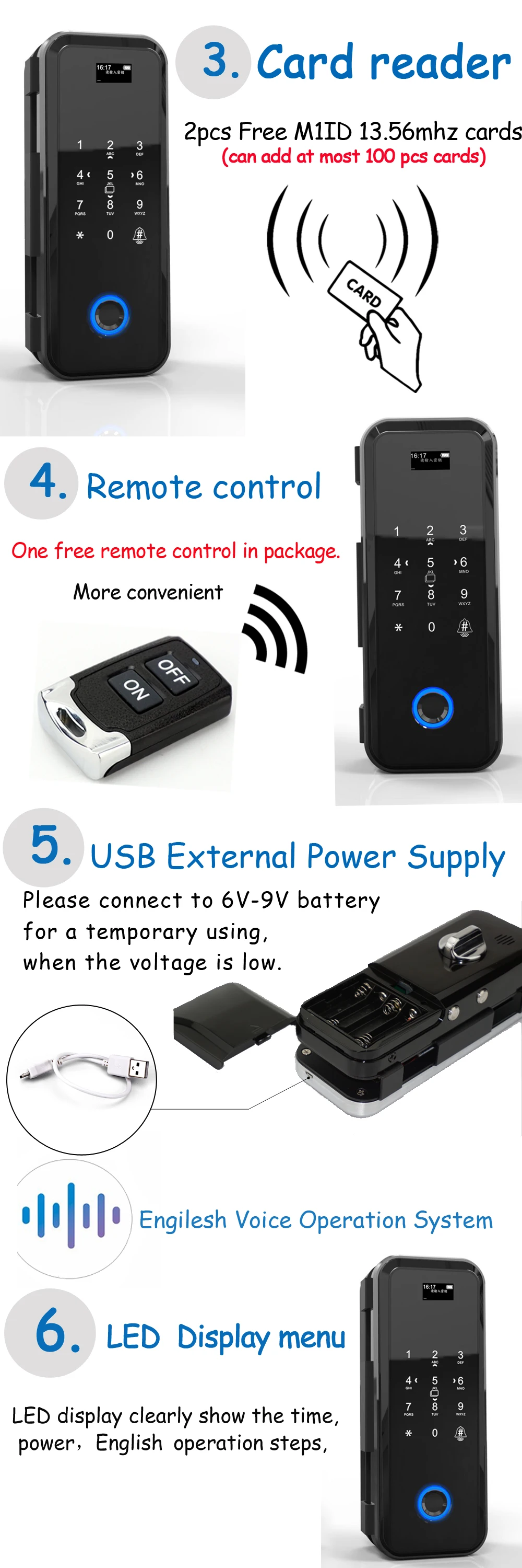 Electric Fingerprint Lock Office Keyless Glass Door Lock With Touch Keypad Smart M1 Card Remote Control Key Door Lock