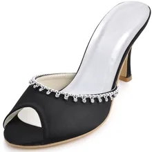 Elegant Slipper EP2064 Black Peep Toe Rhinestone Thin Heel Satin Summer Ladies Dress Sandals