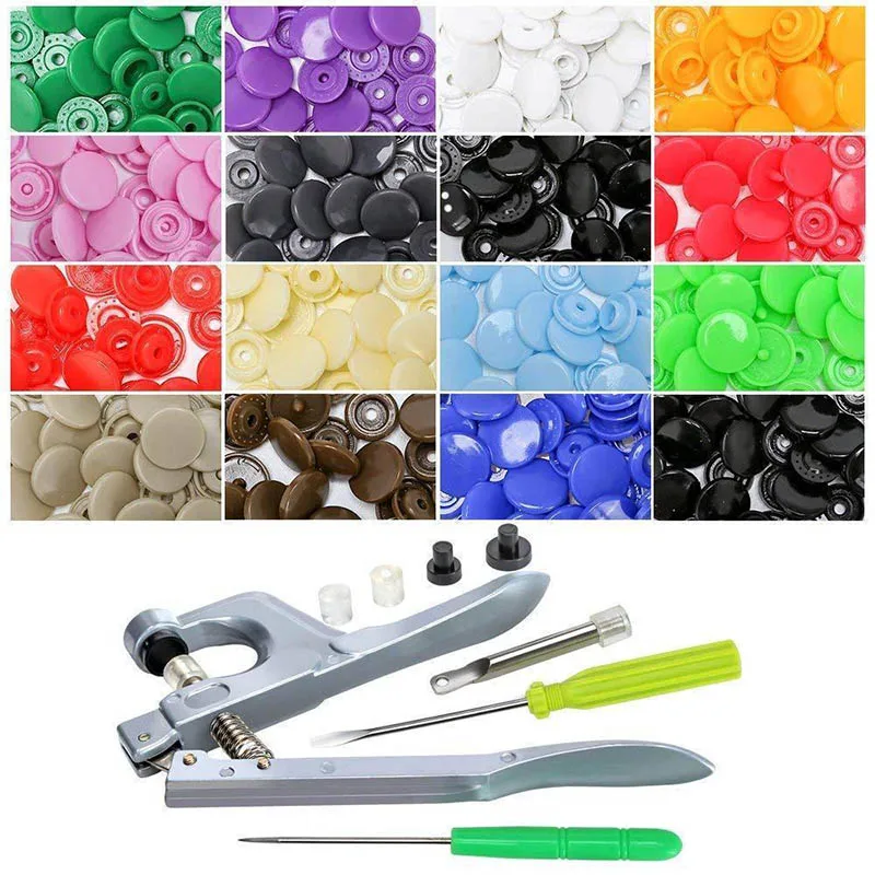 

150Pcs/Set Plastic Snaps Hand Held Pliers Tool Kit with Buttons 15 Colors T5 -Drop