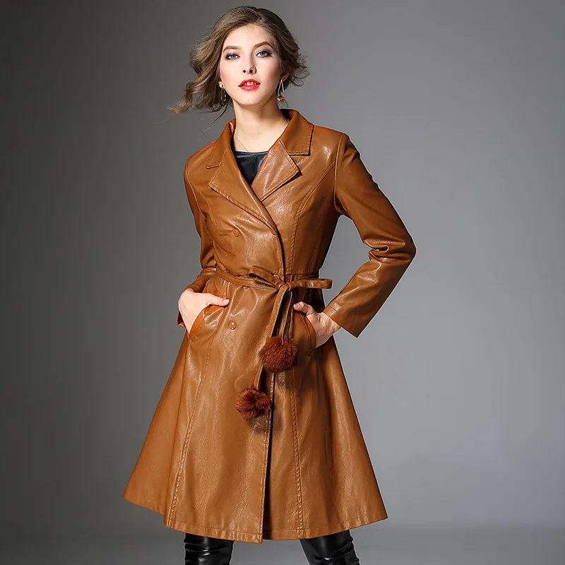 

Women Suede Trench Coat 2018 New Fashion Autumn Winter Black PU Leather Coat Slim Long Leather Trench Coats for Female M-3XL