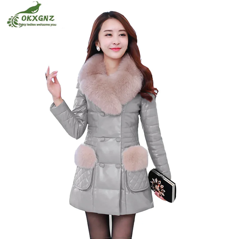 Зима новый женщин среднего возраста кожаная верхняя одежда средней длины утепленная куртка пальто женщин Большие размеры теплые Подпушка