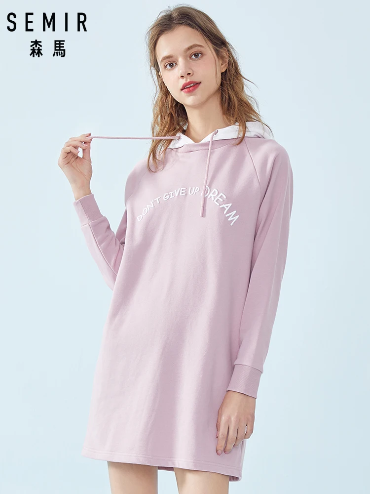 

SEMIR Women Embroidered Hooded Sweatshirt Dress in Soft Cotton Womens Long-sleeved Dress with Contrasting Drawstring Hood Spring