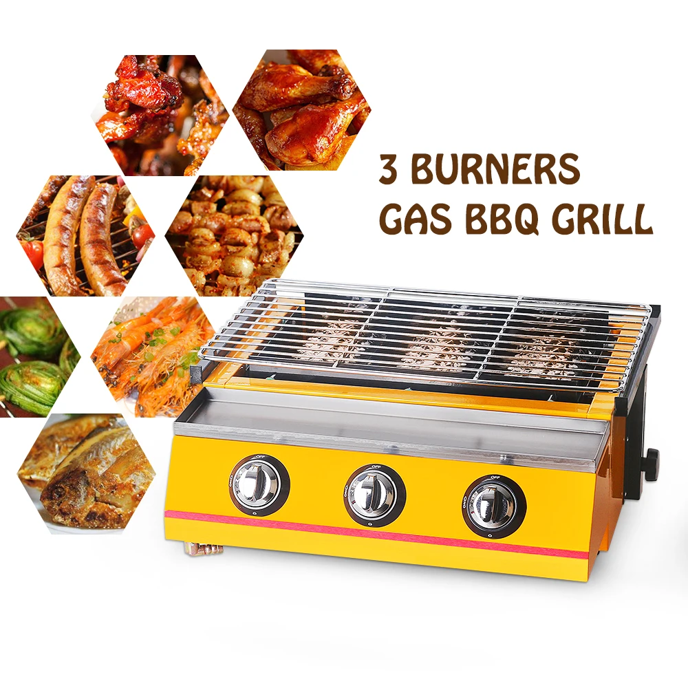 Yellow 3 Burners BBQ Grills LPG Gas Griddle Barbecue Tools For Outdoor