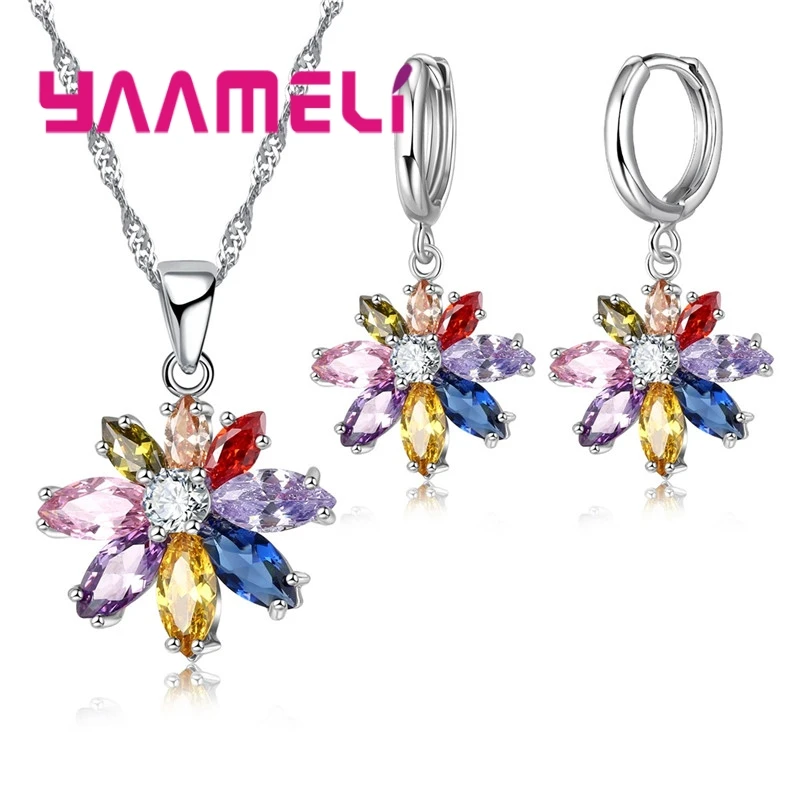 

925 Sterling Silver Necklace Earrings Set Luxury Noble Style Colorful Flower Shape Valentine's Day Gift For Women
