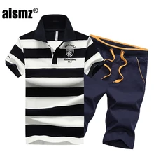 Aismz модные новые мужские короткие комплекты летние популярные повседневные полосатые рубашки поло+ шорты спортивный костюм комплекты из 2 предметов Мужская спортивная одежда