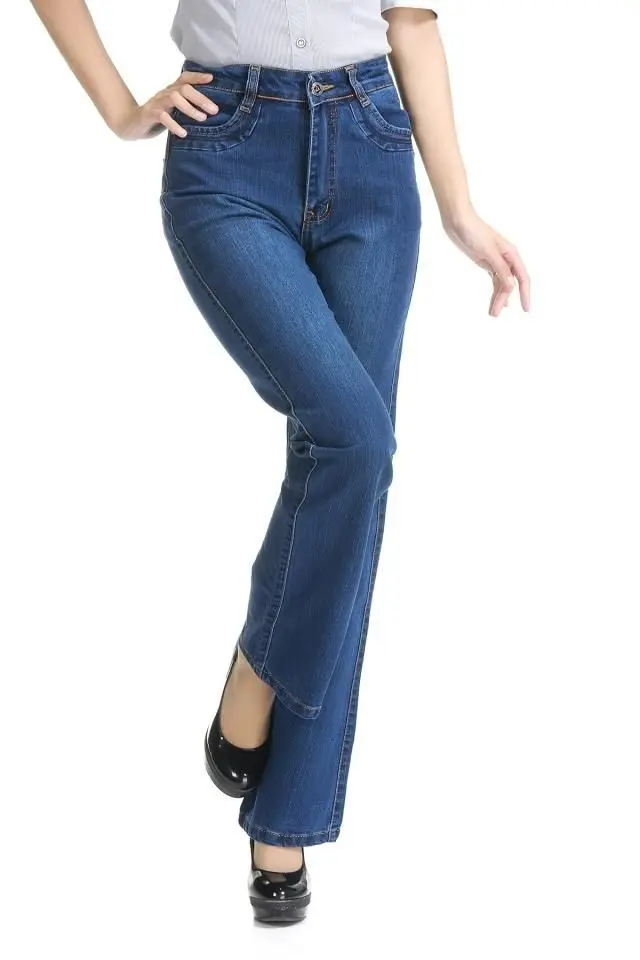 Для женщин тонкий высокая талия загрузки вырезать Джинсы для женщин модные клеш джинсовые брюки плюс Размеры широкие брюки клеш Джинсы для