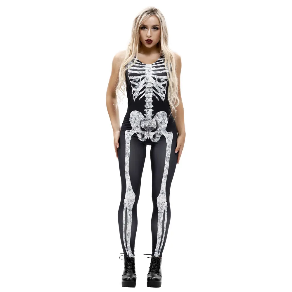 

Skeleton Printing Sexy Halloween Rompers Womens Party Jumpsuit Sleeveless Leotard Overalls