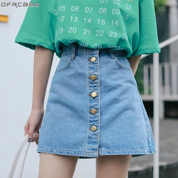 

Single Breasted Summer Mini Skirt Women Vintage A-Line High Waist Denim Skirts Casual Streetwear Blue Ladies Short Jeans Skirt