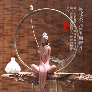 

3 Color Guanyin Bodhisattva Backflow Incense Burner Pottery Aroma Furnace Burner Smoke with Metal Ring and Wood Base as Gift