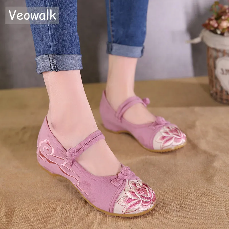 Veowalk Chinese Lotus Embroidery Women Canvas Mary Janes Flats Patchwork Cotton Fabric Low top