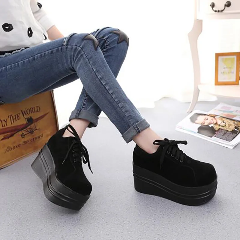 women platform sneakers suede spring new hick bottom all black round head high heel causal shoes zapatos de mujer