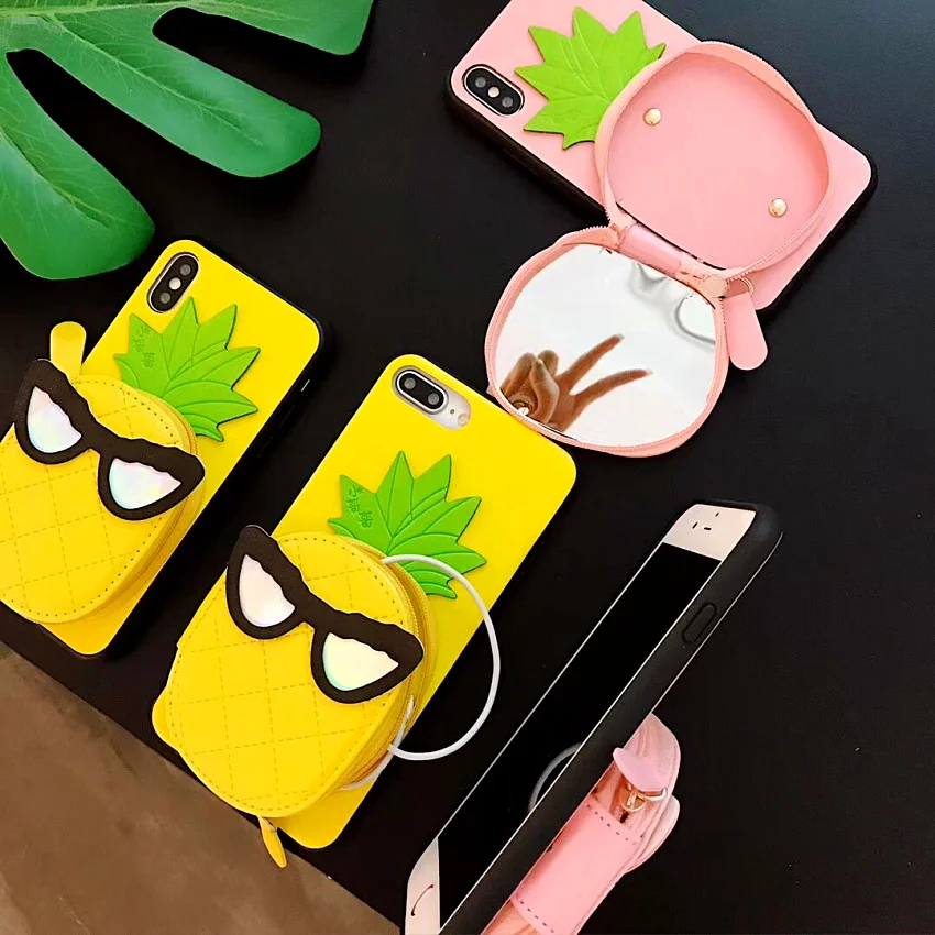 

Cartoon trend Suprem Coin Purse Soft Silicon 3D Cute Pineapple For iPhone 6 6s 7 8 X Plus Fashion cosmetic mirror design