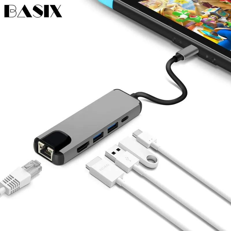 

Basix Type C Hub USB-C Hdmi 4K Adapter USB C Hub To Gigabit Ethernet Rj45 Lan Adapter for Mac Book Pro Huawei P30/P20 USB-C hub