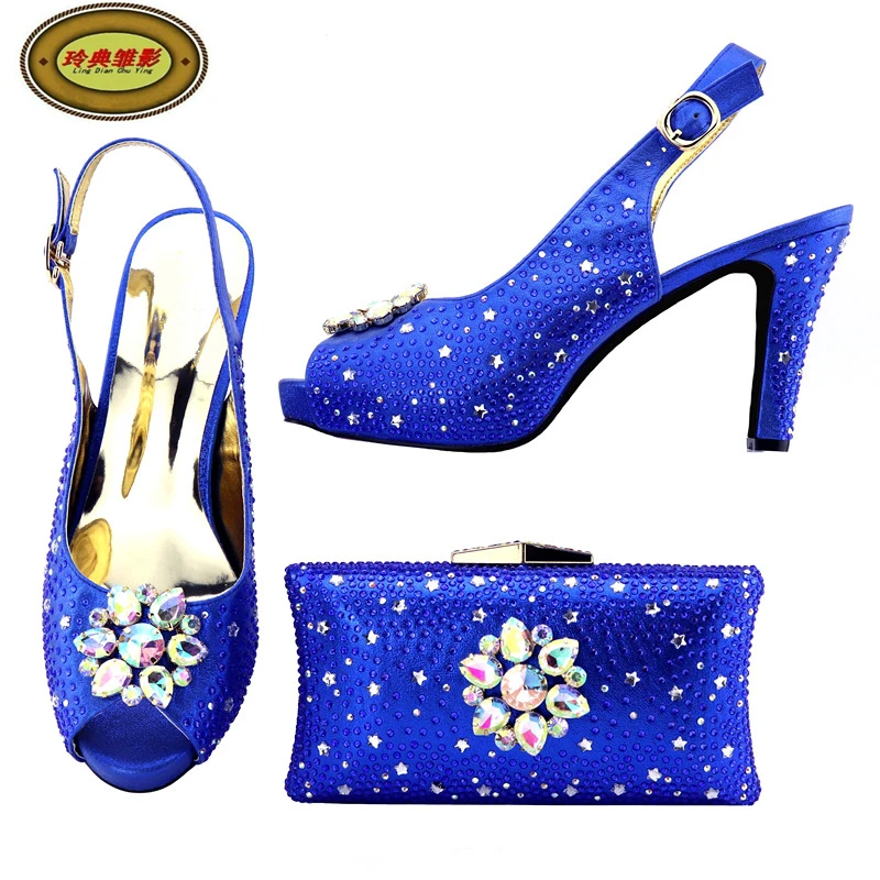 

K09 2017 New Arrival African Crystal Woman Heels Matching Bag Set Fashion Wedding Rhinestone Shoes Pumps Matching Bag Wholesale