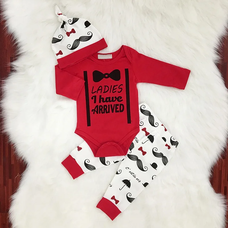 

Autumn Baby Clothing Set Long Sleeve bow Letter Print Romper Long Pants Hat 3 Pieces Suits