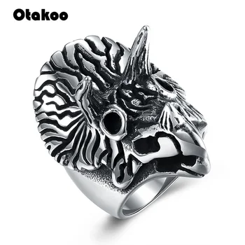 

Otakoo Vintage Punk Rock Titanium Steel Dinosaur Ring Three-dimensional Carving Double Angle Animal Head Men Ring