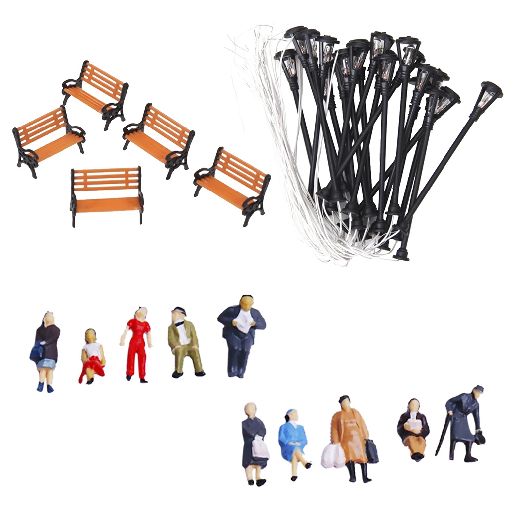 24 People Figures/5 Bench/20 Lamppost Lights Model Train RR Scenery HO Scale