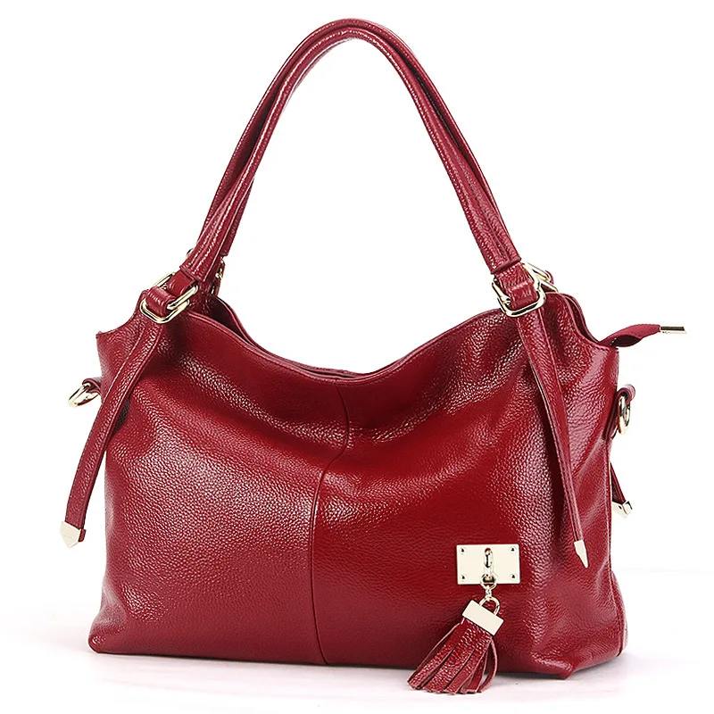 

2019 Top Quality Clemence Cowhide Lichi Pattern Women Handbag Real Leather Female Shoulder Bag with Sequined Tassel Totes Hobos