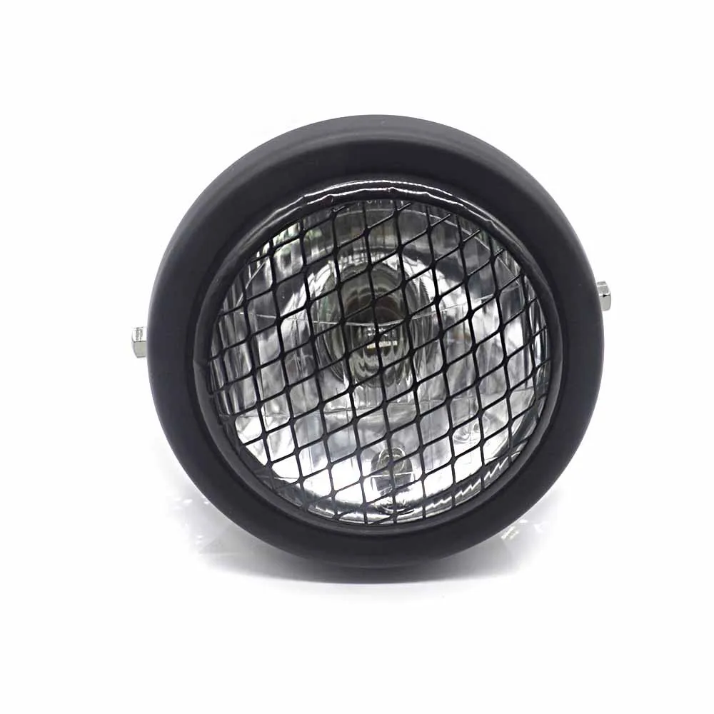 

55W Retro Motorcycle Front Grill Mesh Mask Headlight Cafe Racer Old School Head Lamp with Football Grill Mask Cover Bracket kits