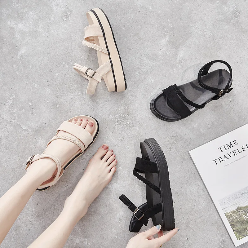 

2019 summer new style simple and simple solid color Roman style sandals women suede comfortable casual sandals