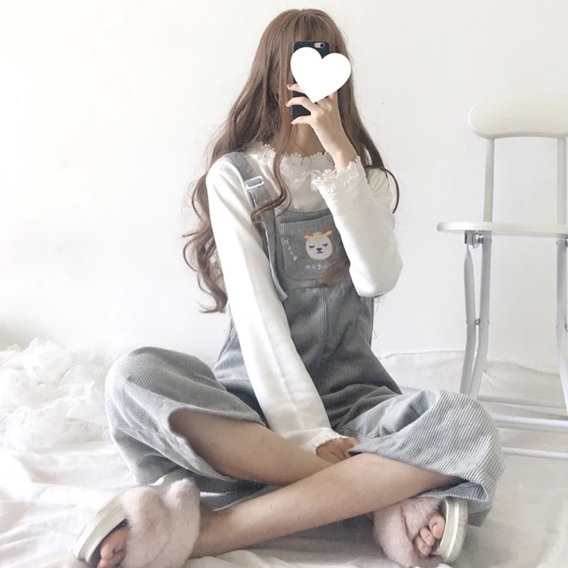 Комбинезоны женские осенние BF модные милые Kawaii школьные Ulzzang женские s Harajuku свободный досуг мультфильм вышивка вельветовый комбинезон