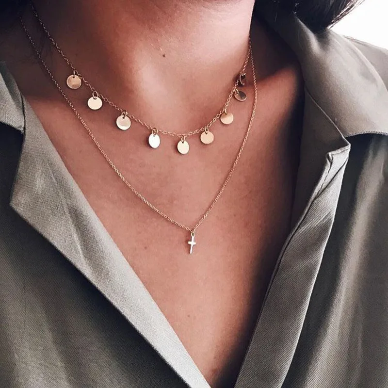 

Female Necklace Set Round Cross Pendant Multilayer Gold Necklace Fashion Women Banquet Party Clavicle Chain Jewelry Accessories